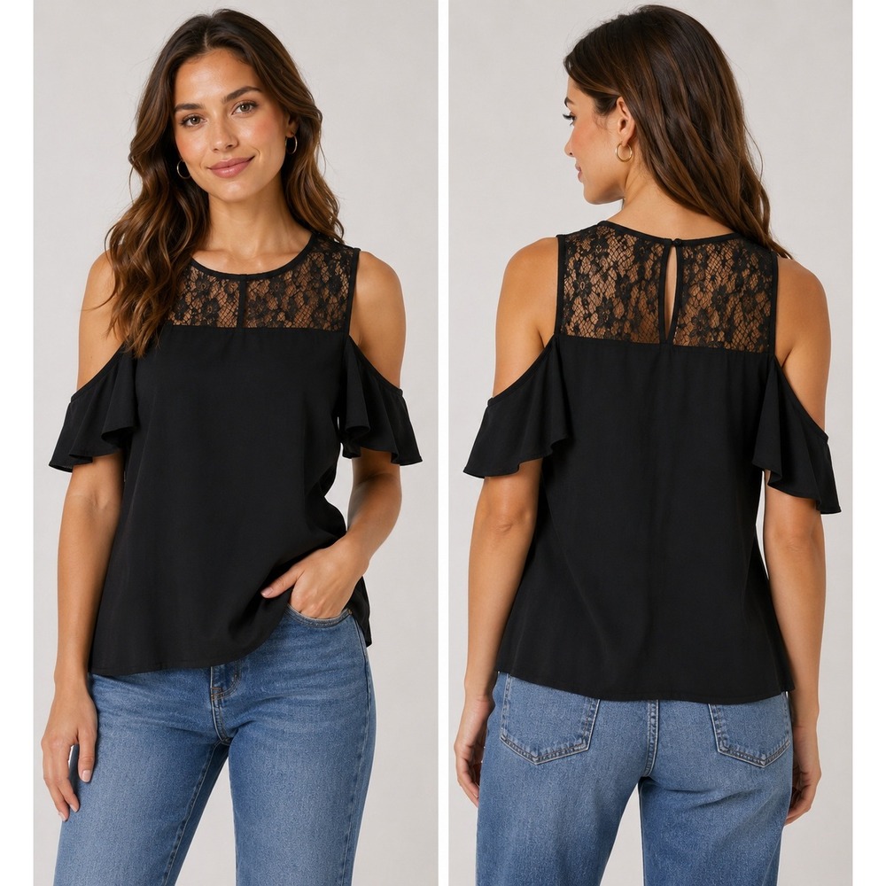 ALC Black Cold Shoulder Lace Yoke Top Blouse Italian Fabric Size 2